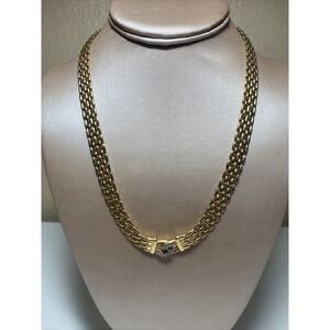 1980s Signed AFJ Designer Shiny Gold Tone Link 19"Necklace With Rhinestone Loop